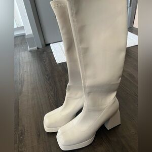 White GOGO Boots - Leather Platform Boots - Square Toe Chunky Block Heeled Boots